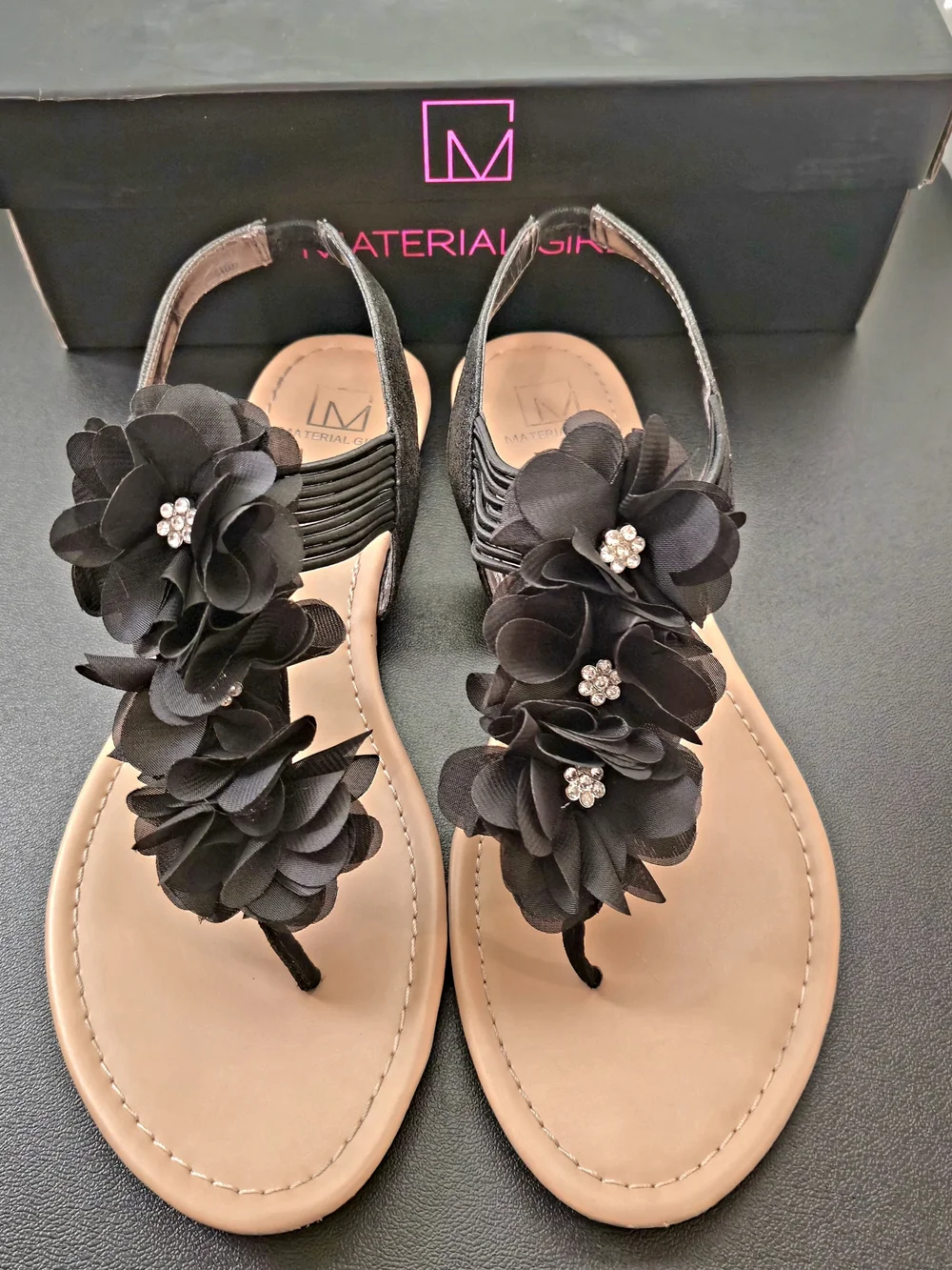 Material Girl Black Floral T-Strap Slingback Sandals